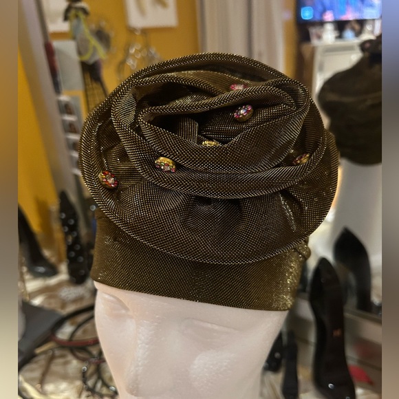 Gold Shimmer Vintage Turban with Flower Pouf and Embellished Stones - Picture 1 of 2